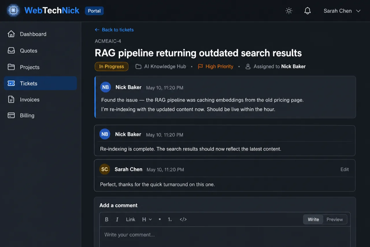 Illustrated client portal ticket page with comments and status updates