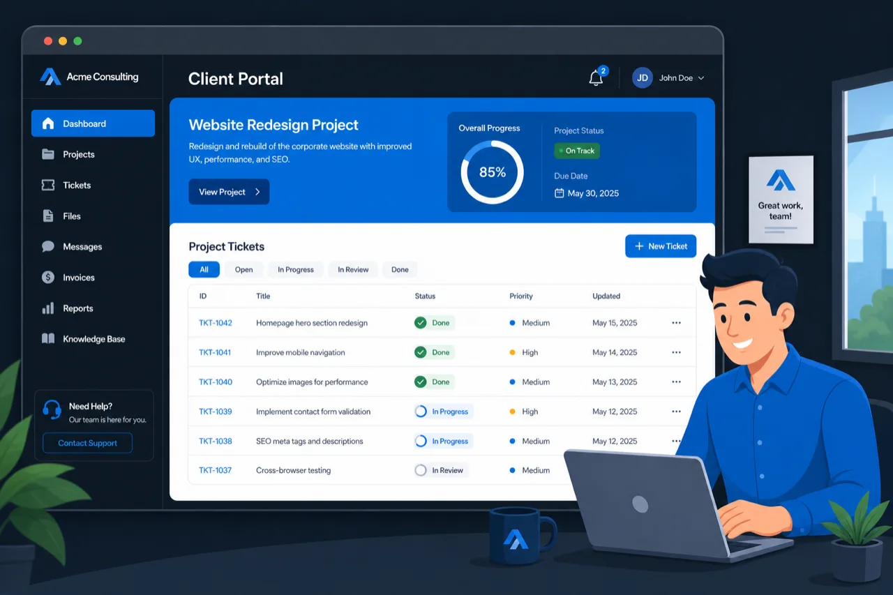 Illustrated client portal dashboard showing completed ticket progress
